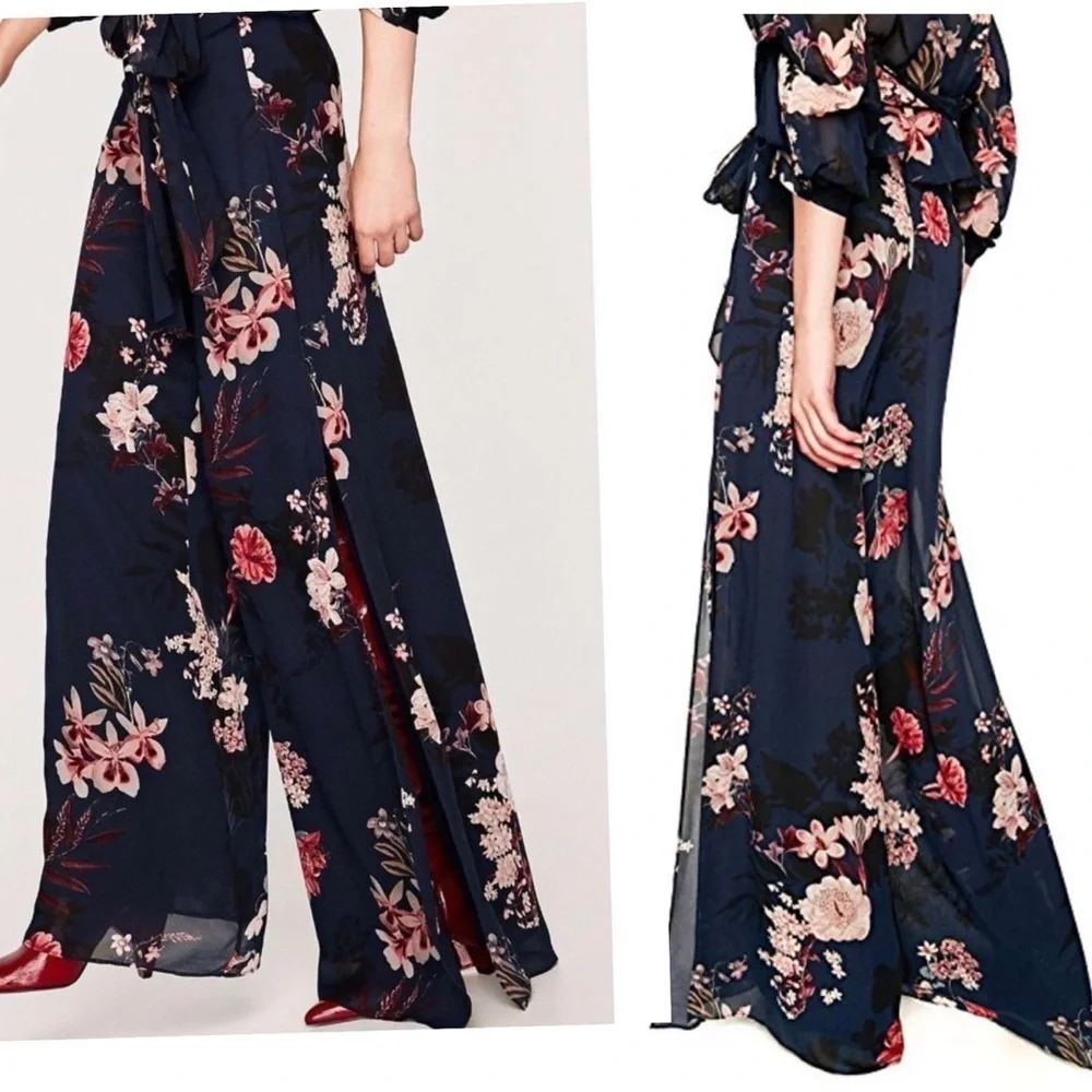 ZARA navy blue pink floral flower chiffon wide leg slit hem pants Sz M - Picture 2 of 14